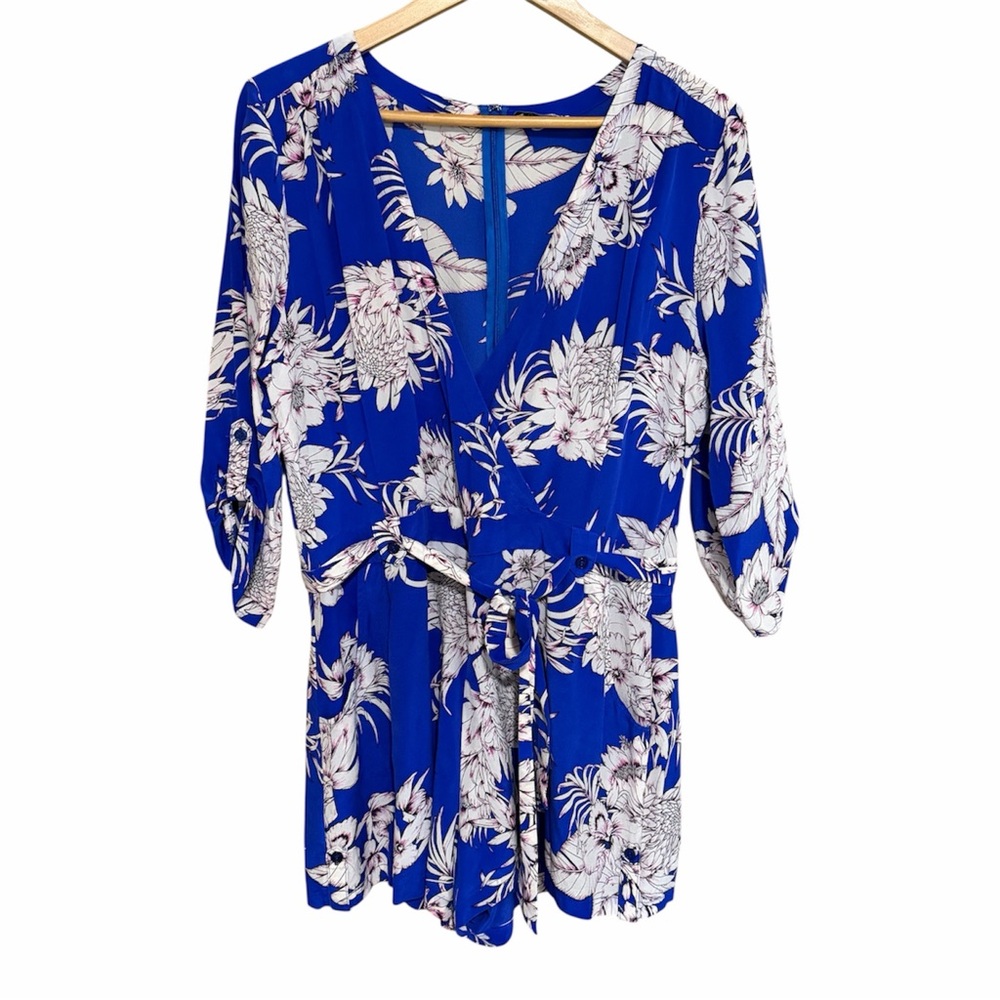 100% Silk Floral Blue V-Neck Romper with Tie Waist